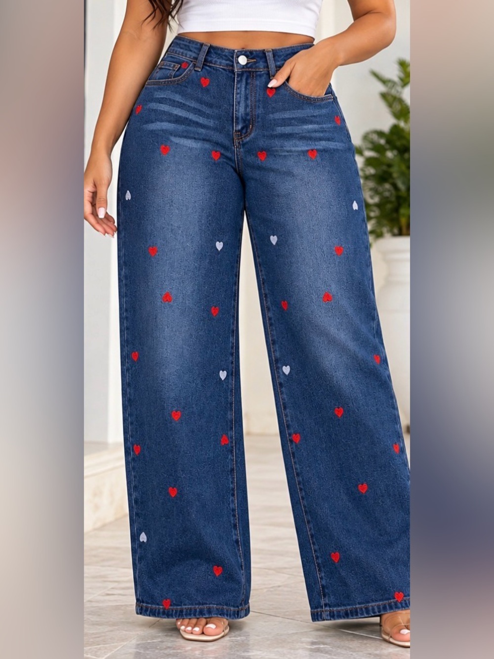 Utcoco~ Women’s Dark Blue Wide-Leg Jeans with Red & White Hearts. Small